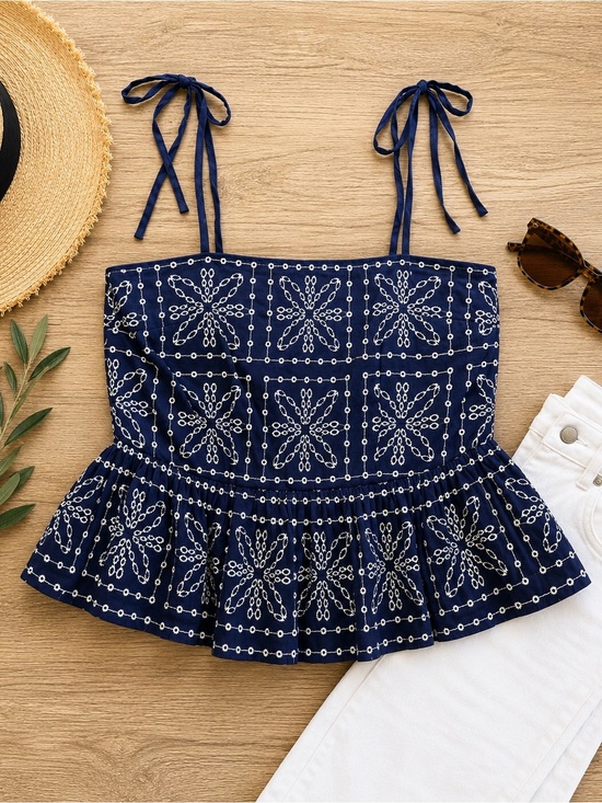 Milly Tops - Milly Navy Blue Embroidered Peplum Tie Strap Blouse Cotton Large